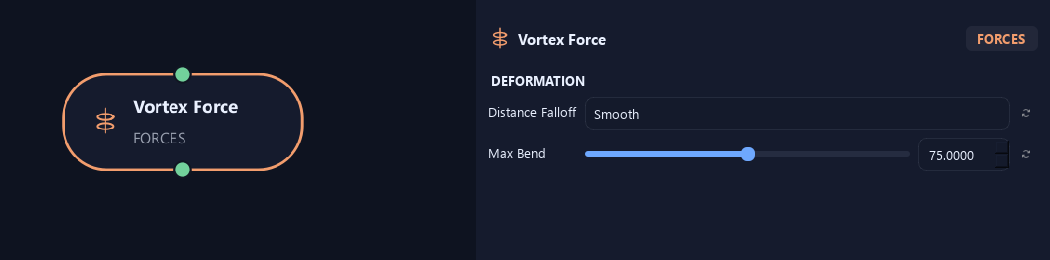 Vortex Force node with its deformation (2) settings in ZenGrove