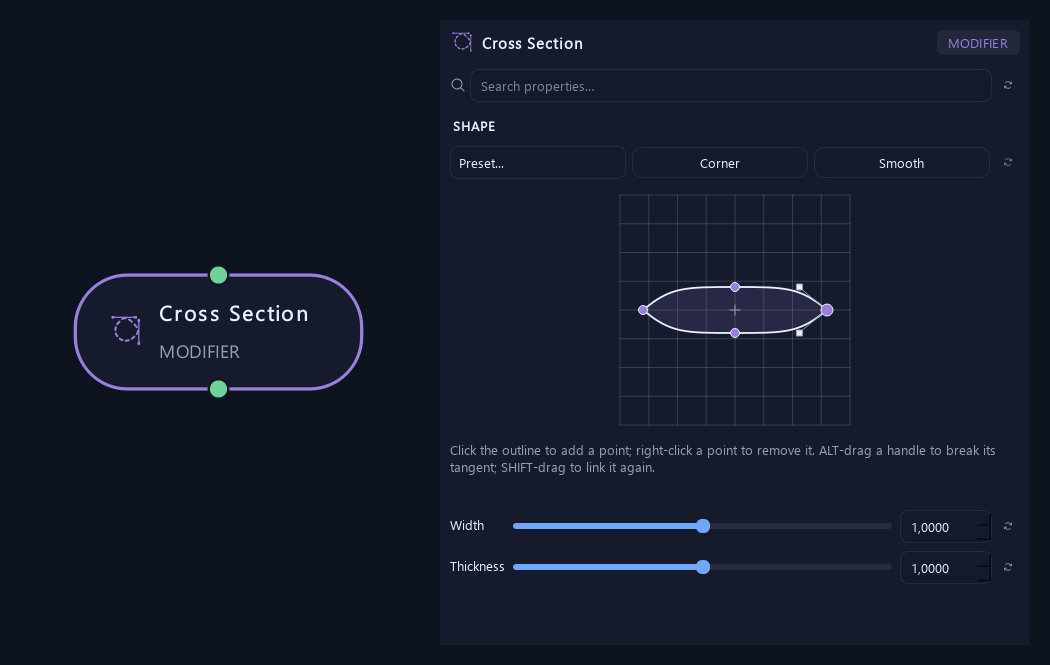 Cross Section graph node and Lens contour editor with Width and Thickness settings
