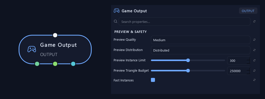 Game Output node with its preview & safety settings in ZenGrove