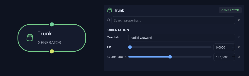 Trunk node with its orientation settings in ZenGrove