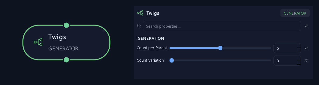 Twigs node with its generation settings in ZenGrove