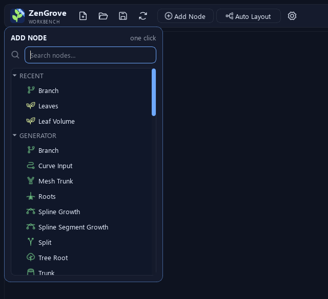 Add Node button and the searchable ZenGrove node palette